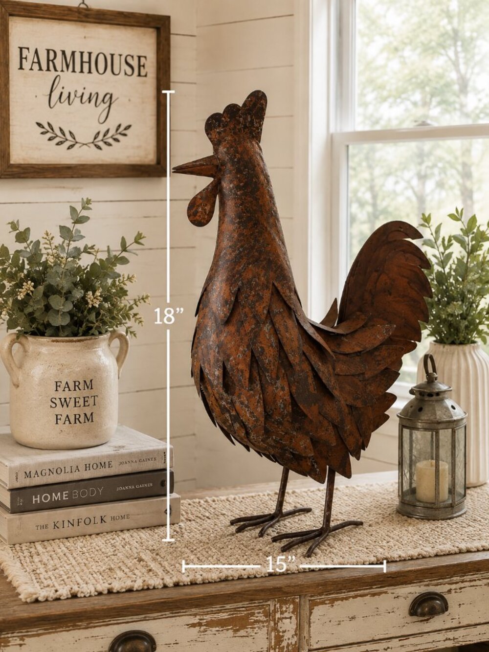 Rustic Metal Rooster Sculpture 18" Farmhouse Garden Decor Burnt Orange NWOT